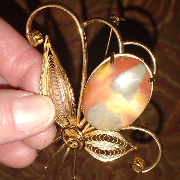 Vintage 10k Gold Filigree Crazy Lace Agate Floral Brooch - Picture 1 of 8